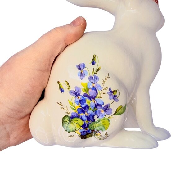 1980s Hand Painted White Rabbit Figurine Purple Violets Flowers Signed Ceramic - Picture 10 of 10
